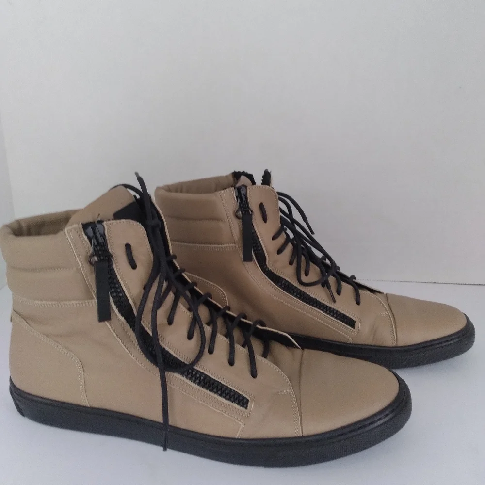 Modern High-Top Sneakers with Side Zippers Beige Leather Urban Casual‎ Shoes